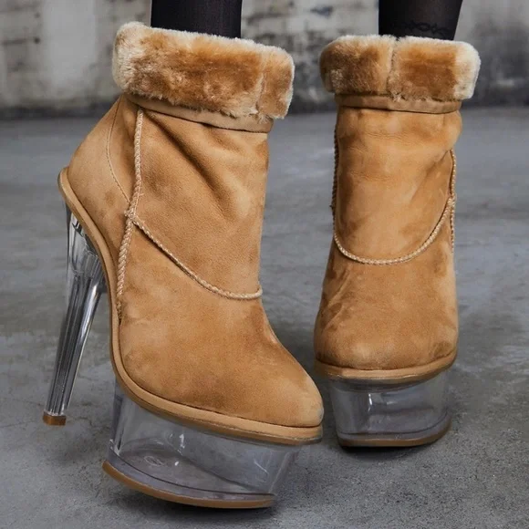 Dolls Kill Shoes Nwt Tan Suede Fur Clear Platform Super High